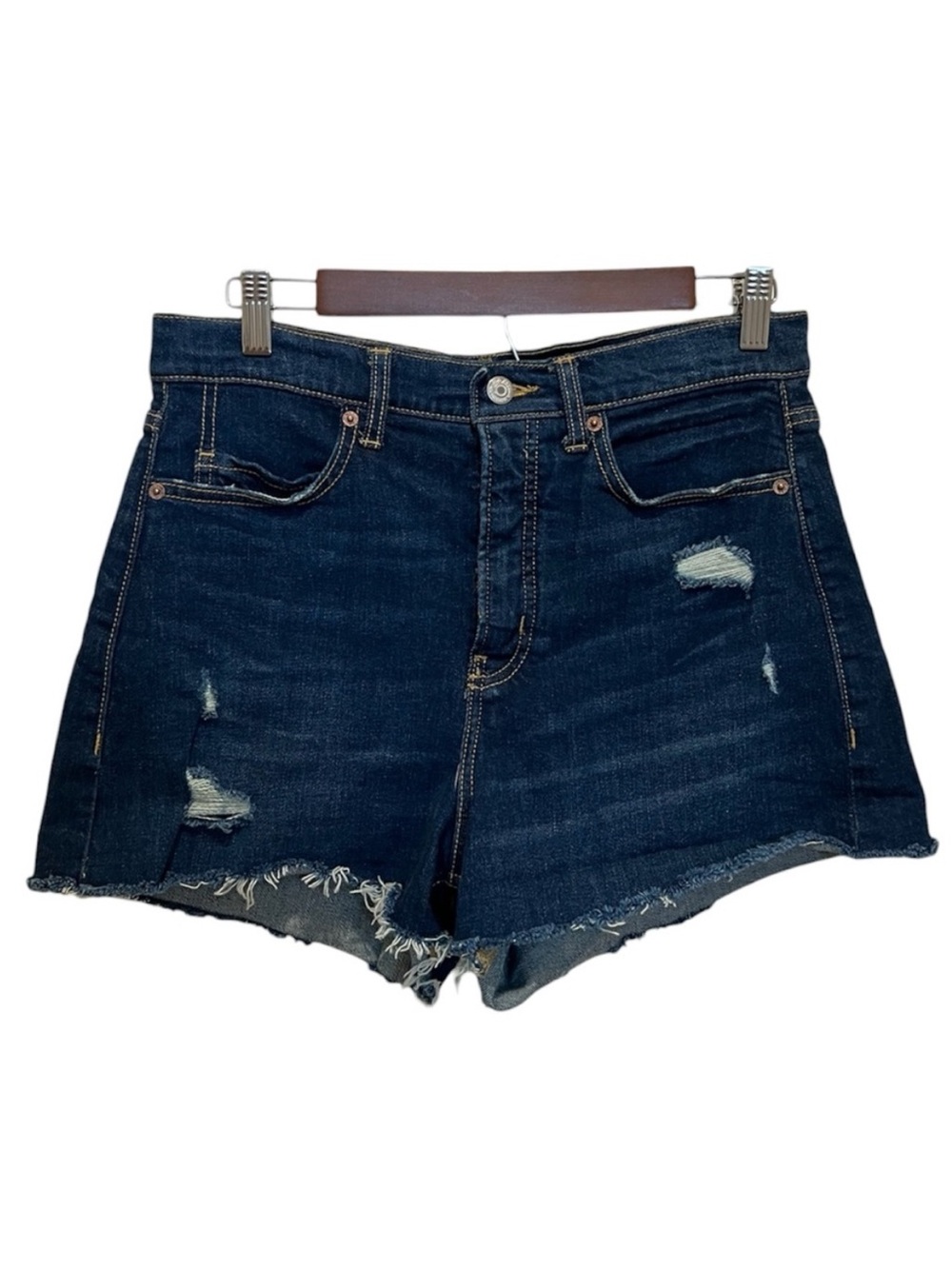 Old Navy Dark Blue Distressed Denim Shorts Higher High-Rise Sky-Hi A-Line Size 8